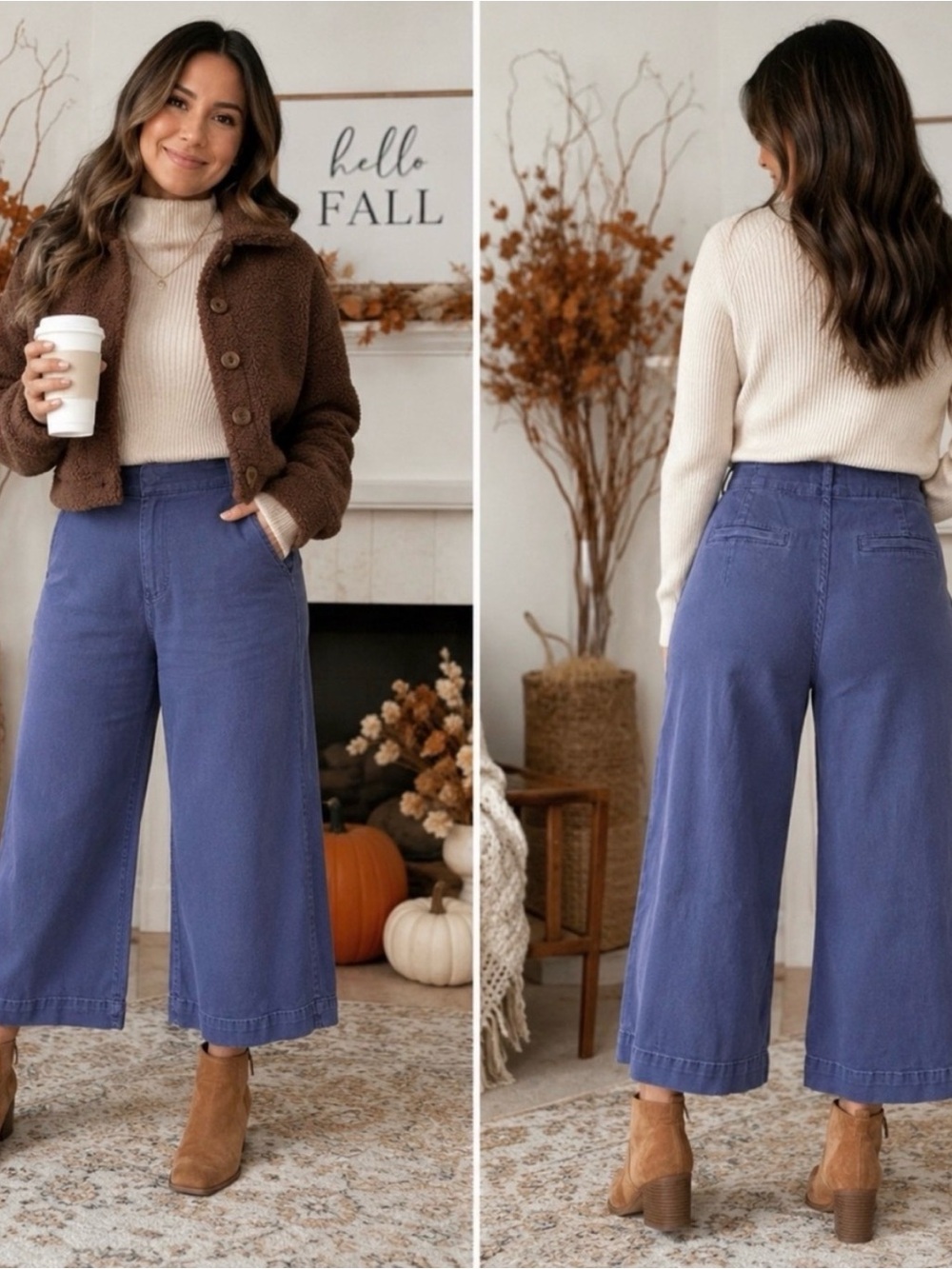 Zenana Outfitters High-Waist Wide Leg Crop Pants in Dusty Blue